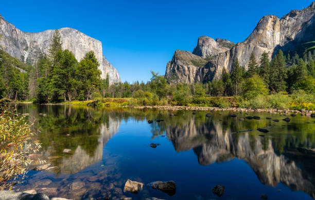 отражение реки в национальном парке yosemite. калифорния. сша - yosemite valley стоковые фото и изображения