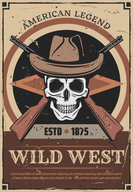 アメリカの野生の西のスカルと銃のレトロなポスター - cowboy hat hat country and western music wild west点のイラスト素材／クリップアート素材／マンガ素材／アイコン素材