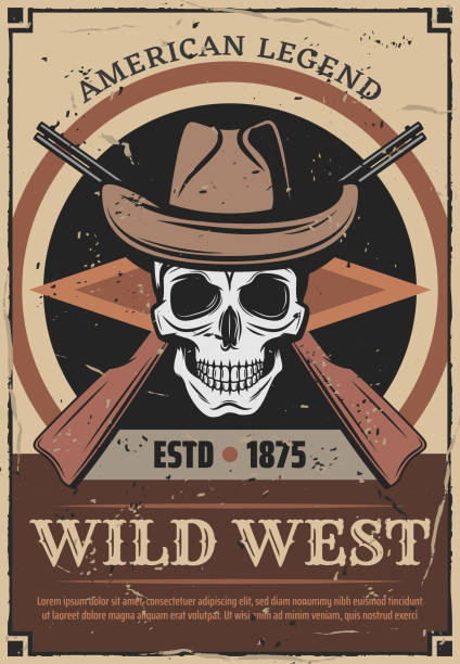 미국 서부의 두개골과 총 레트로 포스터 - wanted poster wild west west gangster stock illustrations