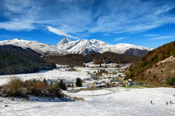 Photo of a panorama of french pyrenees mountains with Pic du Midi de Bigorre in background