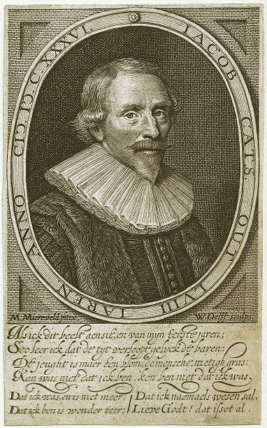 Jacob Cats (1577-1660), Dutch poet, copper engraving, published 17th century Jacob Cats (1577-1660) was a Dutch poet and politician. Engraved by Willem Jacobsz Delff (Dutch engraver, 1580-1638) after a painting by Michiel van Mierevelt (Dutch painter, 1567-1641). Copper engraving from the 17th Century. dutch baroque architecture stock illustrations