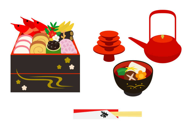 silvester osechi küche set - chopsticks nobody red white background stock-grafiken, -clipart, -cartoons und -symbole
