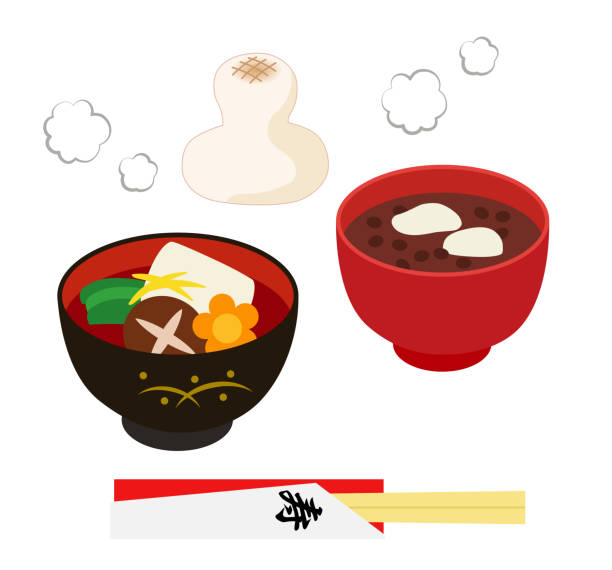 겨울 수프 그림-새 해 요리- - chopsticks nobody red white background stock illustrations