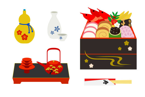 새 해의 osechi 요리 세트 - chopsticks nobody red white background stock illustrations