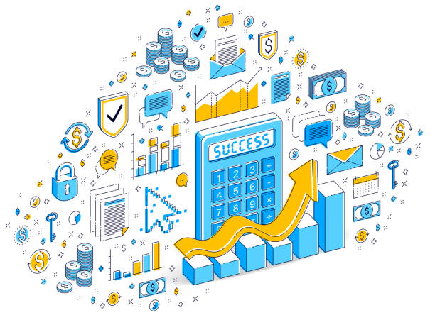 istock Calculator idea isolated on white background, profit concept. 3d vector business isometric illustration with icons, stats charts and design elements. 1064087932
