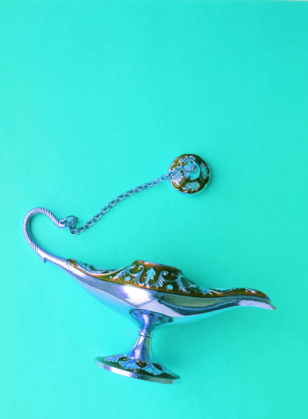 istock Magic Antique Aladdin Lamp on turquoise background. flat lay. 1064093022