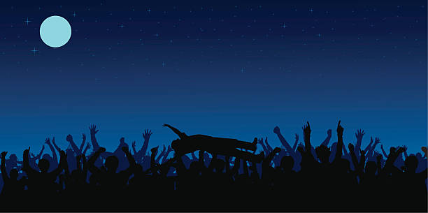 Happy Crowd Silhouettes of people in a crowd with a crowd surfer and a guy jumping. mosh pit stock illustrations