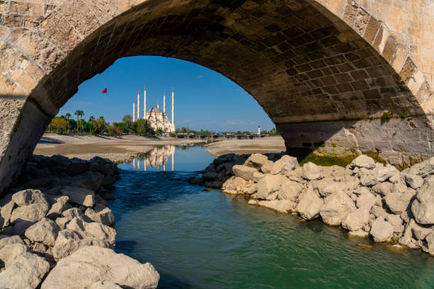 Stone bridge and Sabanci mosque in Adana, Turkey
