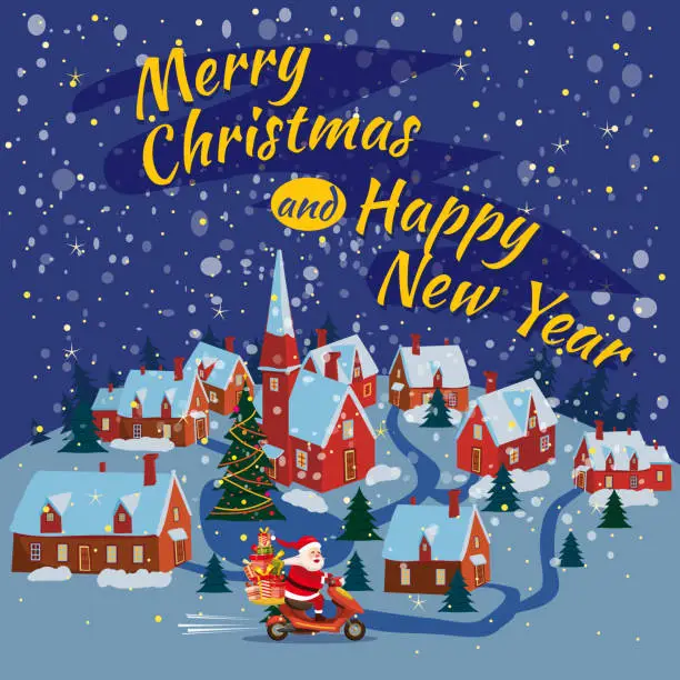 Vector illustration of Merry Christmas and Happy New Year, Happy Santa Claus with a gifts box riding a scooter. Winter landscape background, town, snow. Christmas holiday theme design element for greeting cards, banners, ads in contemporary cartoon style. Vector lustration