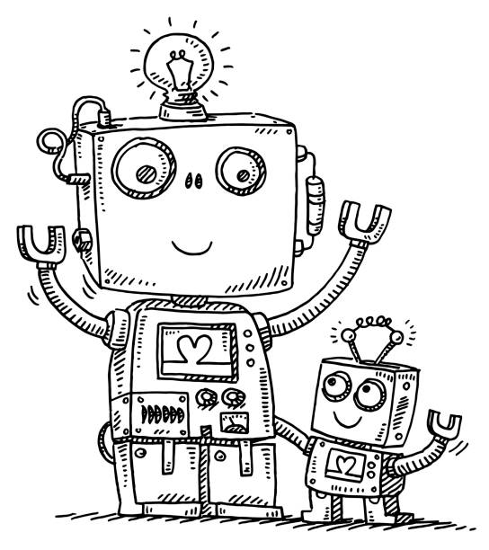 Cute Robot Dad And Son Love Drawing Hand-drawn vector drawing of a Cute Robot Dad And Son Love. Black-and-White sketch on a transparent background (.eps-file). Included files are EPS (v10) and Hi-Res JPG. robot clipart stock illustrations