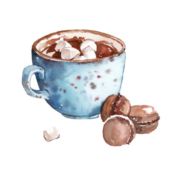 aquarell von hand bemalt kakao becher mit marshmallows illustration - hot chocolate coffee isolated on white cup stock-grafiken, -clipart, -cartoons und -symbole