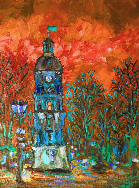 istock Fashionable illustration original author's oil painting on canvas vertical architectural landscape city street evening lights and sunset 1064106026