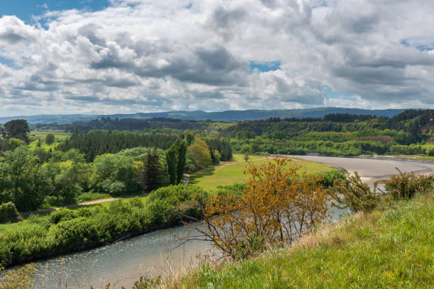 manawatu river flowing through lush countryside Manawatu river flowing through lush countryside in Palmerston North, New Zealand manawatu river stock pictures, royalty-free photos & images