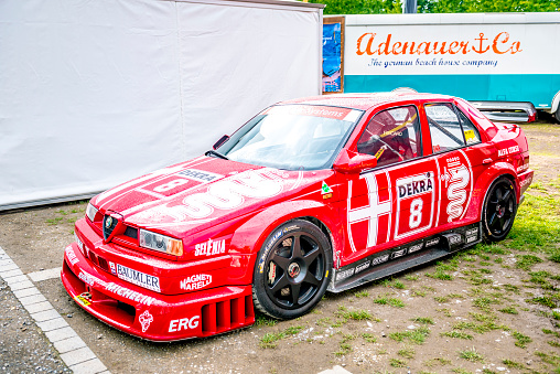 Alfa Romeo 155 V6 TI DTM touring racing car on display during the 2017 Classic Days at Schloss Dyck.  Alfa Corse raced the 155 V6 Ti from 1993 to 1996 in the Deutsche Tourenwagen Meisterschaft and the subsequent International Touring Car Championship.