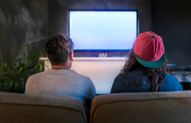 Young men playing video game on television at home Rear view of young men playing video game on television at home. Male friends are enjoying in living room. They are sitting on sofa. couch back stock pictures, royalty-free photos & images