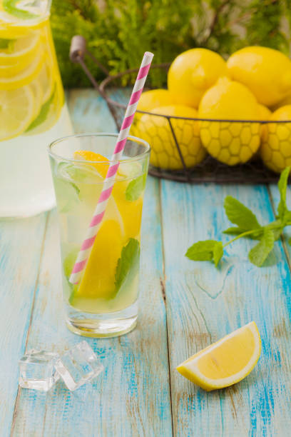 istock lemonade with mint on rocks served in a glass with a straw 1064108700