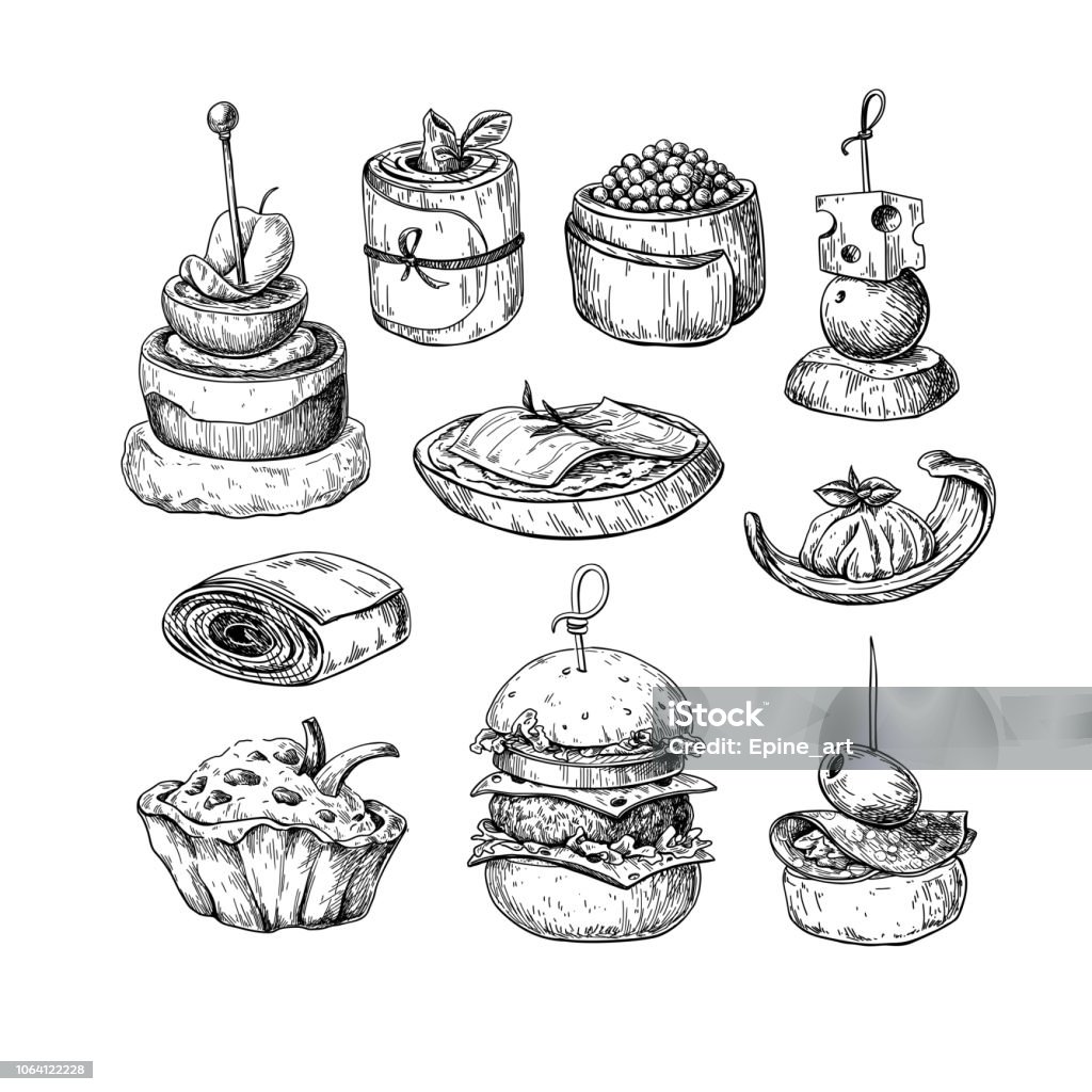 Finger food vector drawings. Food appetizer and snack sketch. Canapes, bruschetta, sandwich for buffet, restaurant, Finger food vector drawings. Food appetizer and snack sketch. Canapes, bruschetta, sandwich for buffet, restaurant, catering service. Tapas engraved illustration. Great for banner, poster, label Tapas stock vector