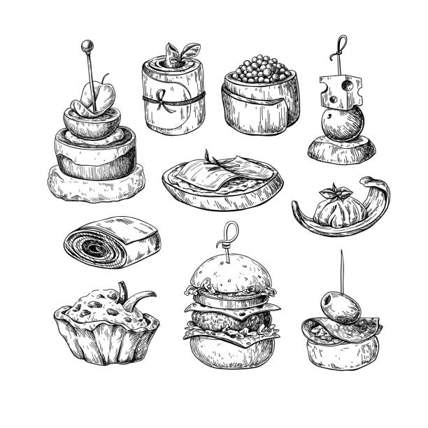 Finger food vector drawings. Food appetizer and snack sketch. Canapes, bruschetta, sandwich for buffet, restaurant, Finger food vector drawings. Food appetizer and snack sketch. Canapes, bruschetta, sandwich for buffet, restaurant, catering service. Tapas engraved illustration. Great for banner, poster, label canape stock illustrations