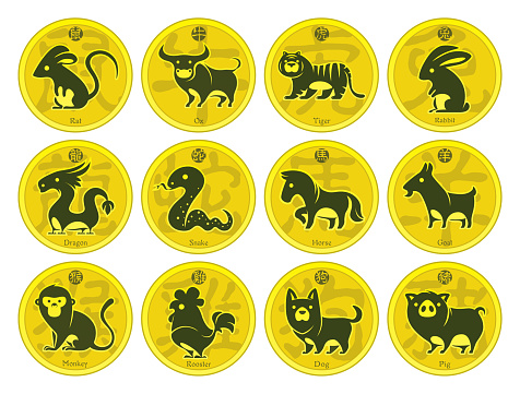 full set vector animals of 12 Chinese Zodiac animals with golden coins