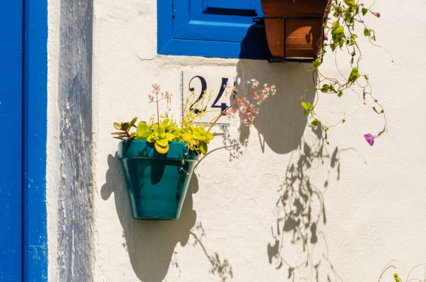 ceramic flower pot with flowers hung on the wall, decorating the urban space, decorative street