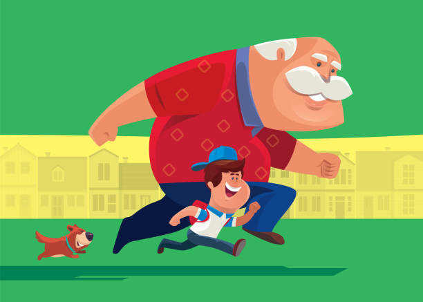 ilustrações de stock, clip art, desenhos animados e ícones de grandpa running with kid and dog - grandparent grandfather humor grandchild