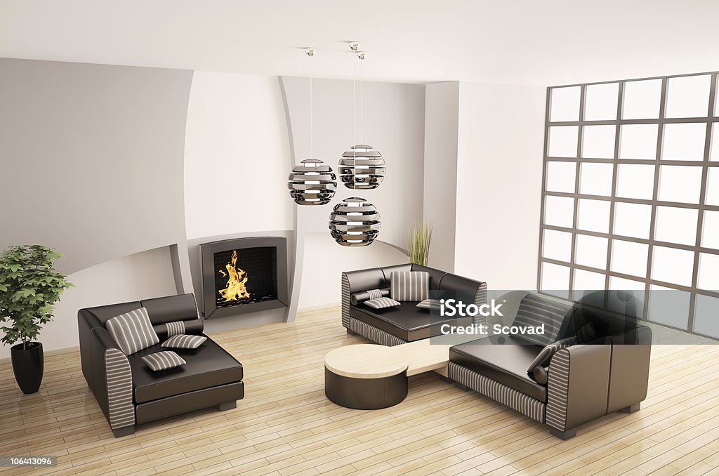 interior moderno com lareira 3d - Foto de stock de Aconchegante royalty-free