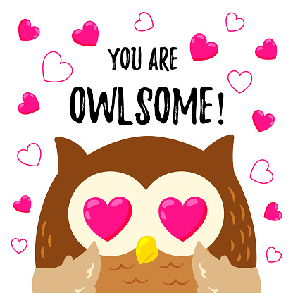 Cute cartoon owl in love. Template for postcard, web design, print. Vector doodle illustration. Valentine's Day