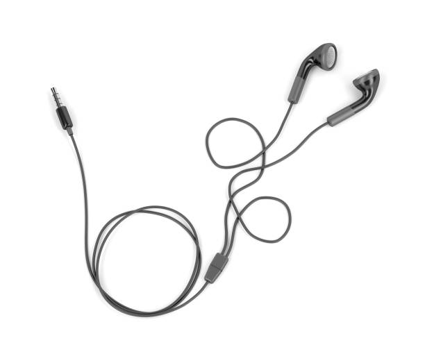 Black wired earphones Black wired earphones on white background in ear headphones stock pictures, royalty-free photos & images