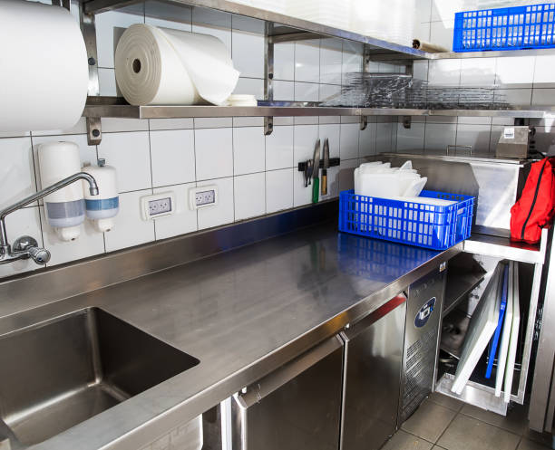 istock Professional kitchen, view counter in steel 1064136266