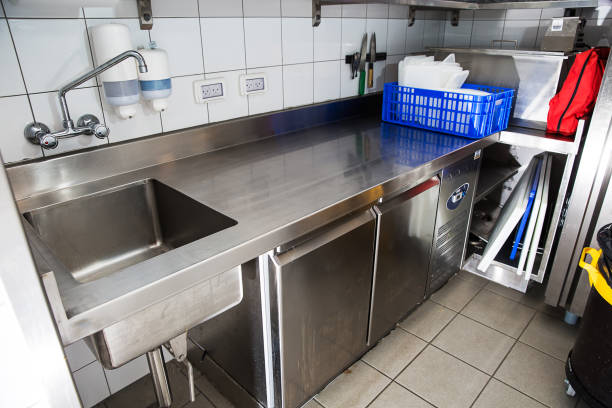 istock Professional kitchen, view counter in steel 1064136362