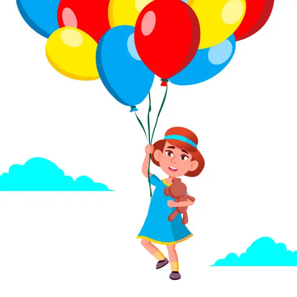 Vector illustration of Happy Child Girl Flying In The Sky On Balloons Vector. Illustration