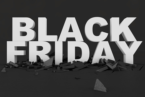 Black Friday, sale message for shop. Business shopping store banner for Black Friday. Black Friday crushing ground. 3d text in black and white color. Modern design, 3D illustration