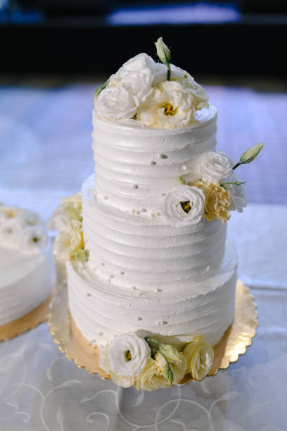istock White weddind cake on a dark evening background 1064137836