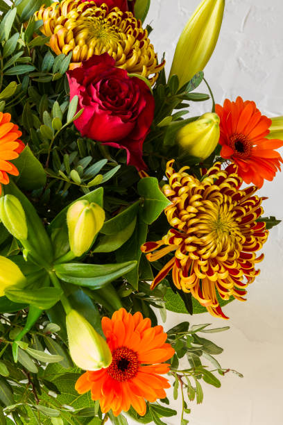 istock Orange, yellow and red flowers bouquet. White backround. 1064139488