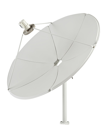 Parabolic metal antenna, communication technology, isolated on a white background