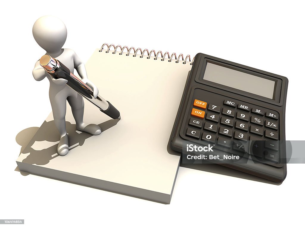 Hommes avec calculatrice et ordinateur portable. 3 d - Photo de Cartoon libre de droits