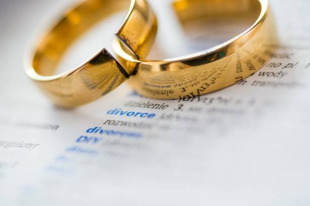 istock Two broken wedding rings on divorce word in dictionary. 1064149322