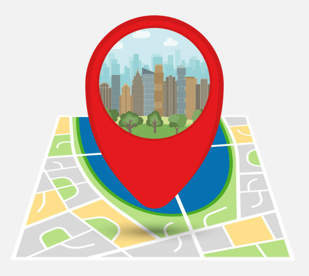 istock Map of an imaginary city with point on the map with skyscrapers 1064151870