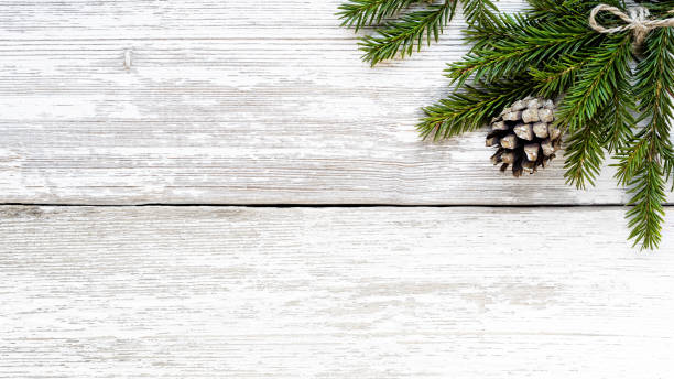 istock Fir branch and pine cone on white wood plank 1064153960