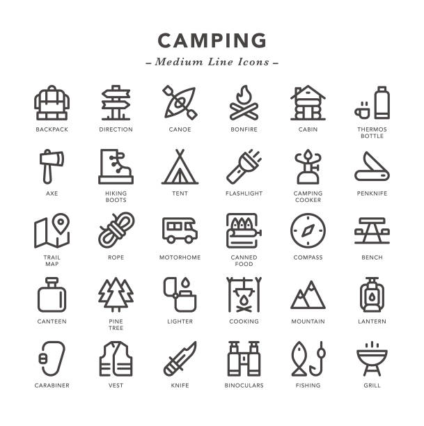 ilustraciones, imágenes clip art, dibujos animados e iconos de stock de camping - media línea de iconos - pescar ilustraciones