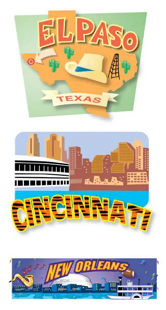 Vector illustration of El Paso, Cincinnati, New Orleans Postcards