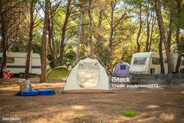 View Of Tent In Camp Ground Stock Photo - Download Image Now - Camping, Tent, Motor Home