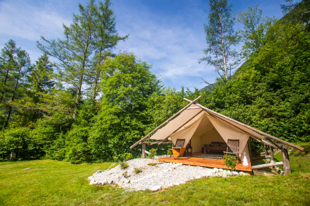 exterior da tenda glamping em adrenalina verificar eco camp na eslovénia. - cabin photography europe tree - fotografias e filmes do acervo