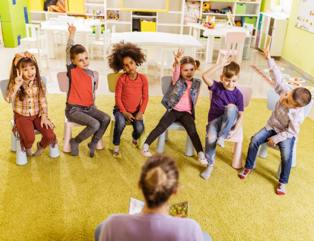 istock Small kids raising their arms during a class at kindergarten. 1064158734
