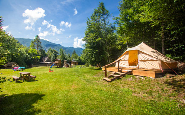 Family tent in Adrenaline Check eco resort in Slovenia. stock photo
