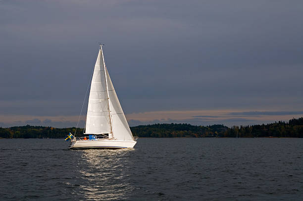 istock Sailing sailboat in evening with dark sky 106416028