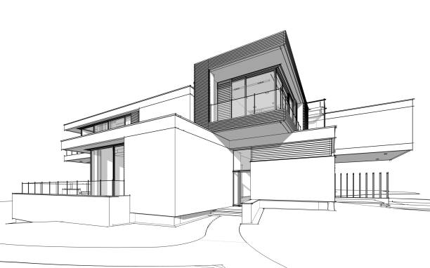 istock 3d rendering sketch of modern cozy house black line sketch. 1064160580