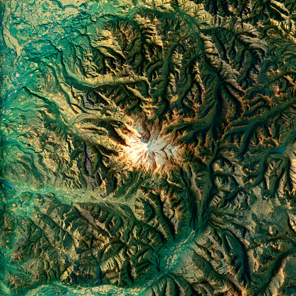 3D Render of a Topographic Map of the Area around Mount Rainier, Pierce County, Washington, USA.
All source data is in the public domain.
Color texture: U.S. Geological Survey, US Topo
https://viewer.nationalmap.gov/basic/?basemap=b1&category=ustopo&title=US%20Topo%20Download
Relief texture: SRTM data courtesy of USGS. URL of source image: 
https://e4ftl01.cr.usgs.gov//MODV6_Dal_D/SRTM/SRTMGL1.003/2000.02.11/
Water texture: 
USGS The National Map: National Hydrography Dataset (NHD):
https://nationalmap.gov/hydro.html