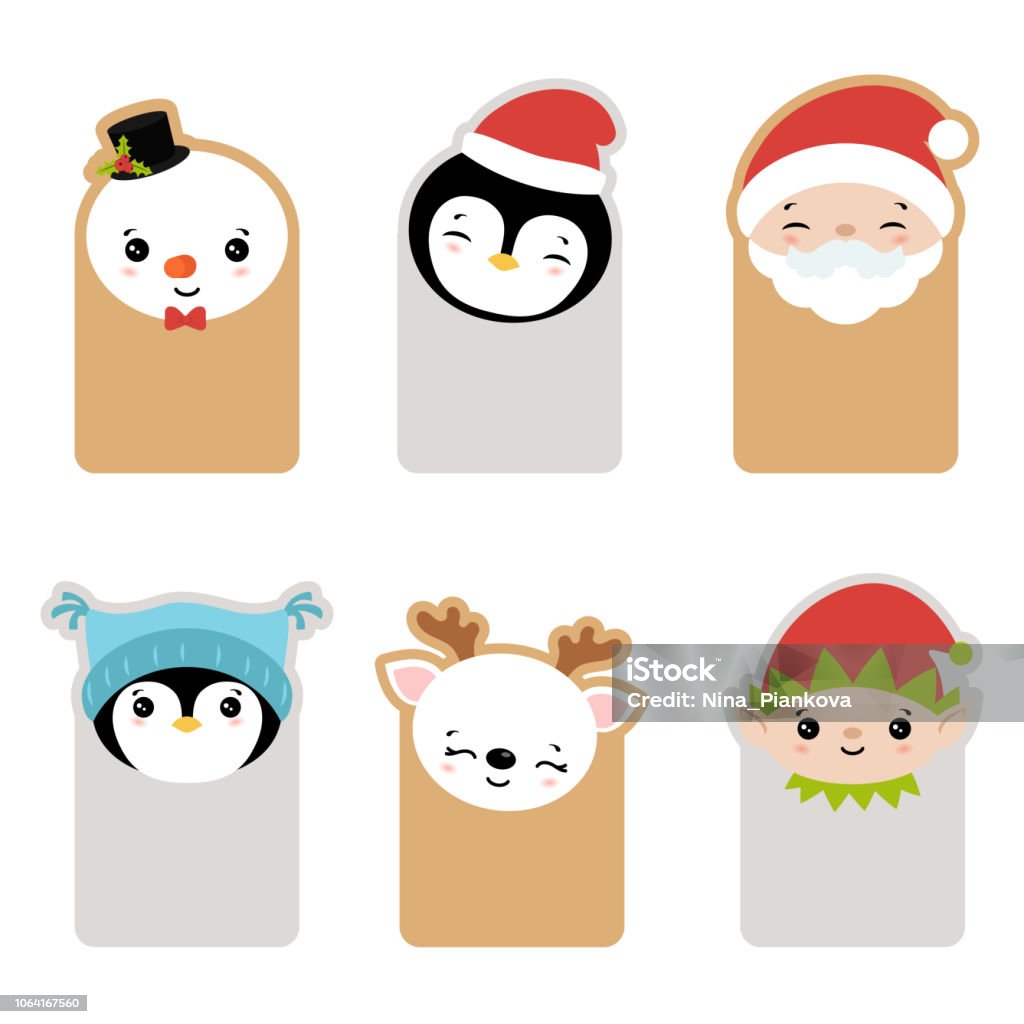 Collection of cute cards. Collection of cards with cute cartoon characters head. Christmas theme. Christmas stock vector