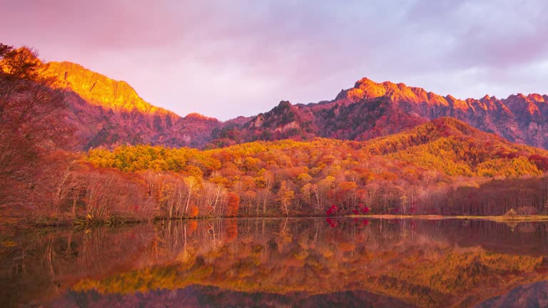 4k Time lapse with dolly right of Kagamiike pond in autumn season, Nagano, Japan.